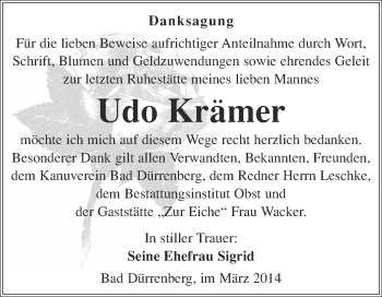 Traueranzeige von Udo Krämer von Super Sonntag Merseburg