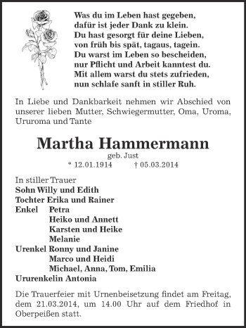 Traueranzeige von Martha Hammermann von Super Sonntag Bernburg