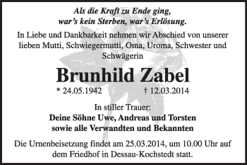 Traueranzeige von Brunhilde Zabel von Super Sonntag Dessau / Köthen