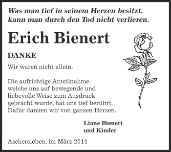 Traueranzeige von Erich Bienert von Super Sonntag Aschersleben