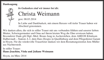 Traueranzeige von Christa Weimann von WVG - Wochenspiegel Aschersleben