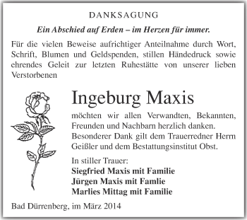 Traueranzeige von Ingeburg Maxis von Super Sonntag Merseburg