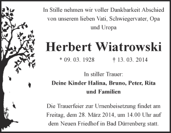 Traueranzeige von Herbert Wiatrowski von WVG - Wochenspiegel Merseburg