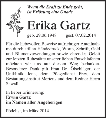 Traueranzeige von Erika Gartz von WVG - Wochenspiegel NMB / WSF / ZTZ