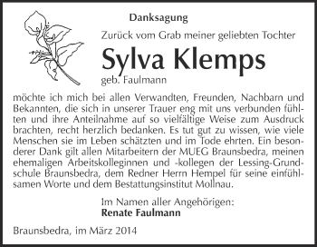 Traueranzeige von Sylva Klemps von WVG - Wochenspiegel Merseburg