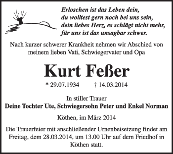 Traueranzeige von Kurt Feßer von Super Sonntag Dessau / Köthen