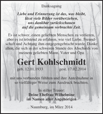 Traueranzeige von Gert Kohlschmidt von WVG - Wochenspiegel NMB / WSF / ZTZ