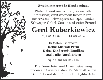 Traueranzeige von Gerd Kuberkiewicz  von Super Sonntag SGH Mansf. Land