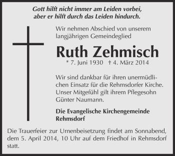 Traueranzeige von Ruth Zehmisch von Super Sonntag Zeitz