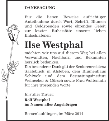 Traueranzeige von Ilse Westphal von Super Sonntag Bernburg