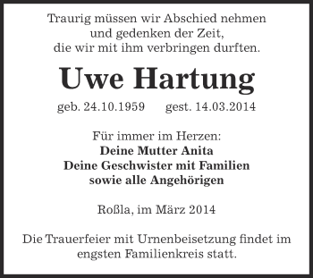 Traueranzeige von Uwe Hartung von Super Sonntag SGH Mansf. Land