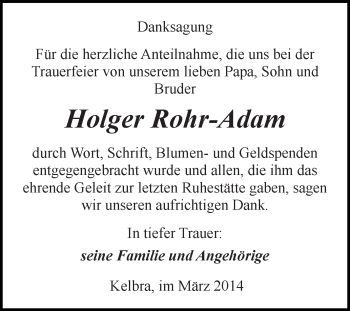 Traueranzeige von Holger Rohr-Adam von Super Sonntag SGH Mansf. Land