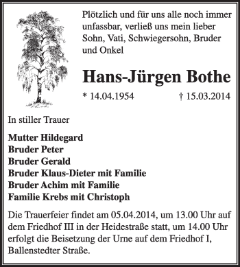 Traueranzeige von Hans-Jürgen Bothe von Super Sonntag Dessau / Köthen