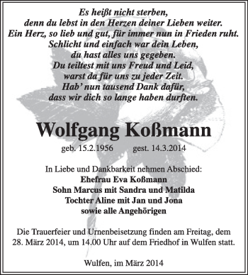 Traueranzeige von Wolfgang Koßmann von Super Sonntag Dessau / Köthen