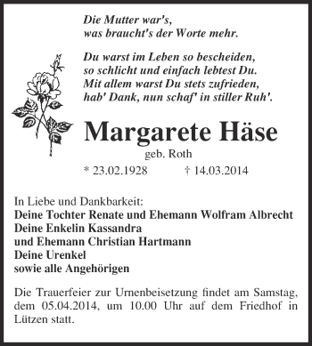 Traueranzeige von Margarete Häse von Super Sonntag Merseburg