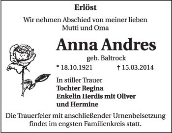 Traueranzeige von Anna Andres von Super Sonntag Dessau / Köthen