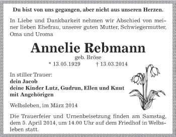 Traueranzeige von Annelie Rebmann von Wochenspiegel Mansfelder Land