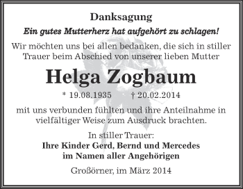 Traueranzeige von Helga Zogbaum von Wochenspiegel Mansfelder Land