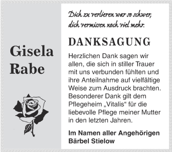 Traueranzeige von Gisela Rabe von Super Sonntag Aschersleben