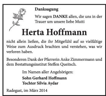Traueranzeige von Herta Hoffmann von Super Sonntag Dessau / Köthen