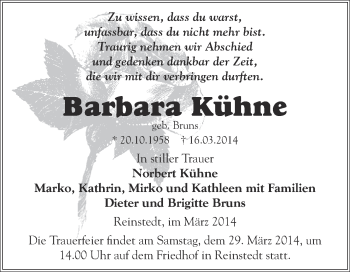 Traueranzeige von Barbara Kühne von Super Sonntag Aschersleben