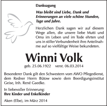 Traueranzeige von Winni Volk von Super Sonntag Dessau / Köthen