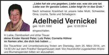 Traueranzeige von Adelheid Vernickel von Super Sonntag SGH Mansf. Land