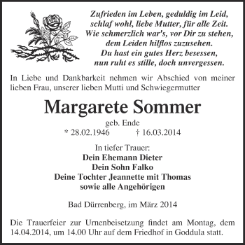 Traueranzeige von Margarete Sommer von Super Sonntag Merseburg