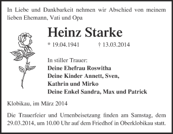 Traueranzeige von Heinz Starke von WVG - Wochenspiegel Merseburg