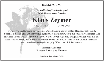 Traueranzeige von Klaus Zeymer von WVG - Wochenspiegel NMB / WSF / ZTZ