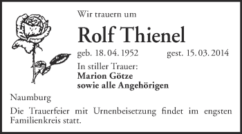 Traueranzeige von Rolf Thienel von WVG - Wochenspiegel NMB / WSF / ZTZ
