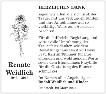 Traueranzeige von Renate Weidlich von Super Sonntag Aschersleben