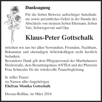 Traueranzeige von Klaus-Peter Gottschalk von WVG - Wochenspiegel Dessau / Köthen