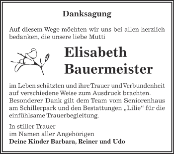Traueranzeige von Elisabeth Bauermeister von WVG - Wochenspiegel Dessau / Köthen