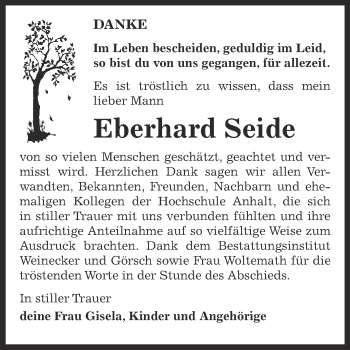 Traueranzeige von Eberhard Seide von Super Sonntag Bernburg