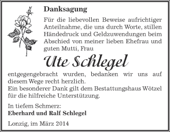 Traueranzeige von Ute Schlegel von Super Sonntag Zeitz