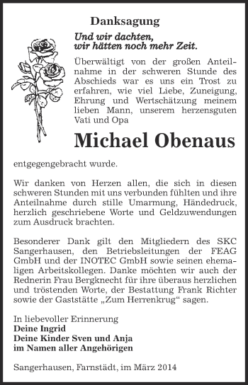 Traueranzeige von Michael Obenaus von Super Sonntag SGH Mansf. Land