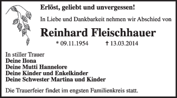 Traueranzeige von Reinhard Fleischhauer von Super Sonntag Dessau / Köthen