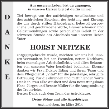 Traueranzeige von Horst Neitzke von Super Sonntag Aschersleben