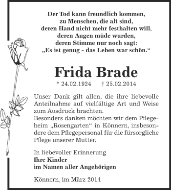Traueranzeige von Frida Brade von Super Sonntag Bernburg