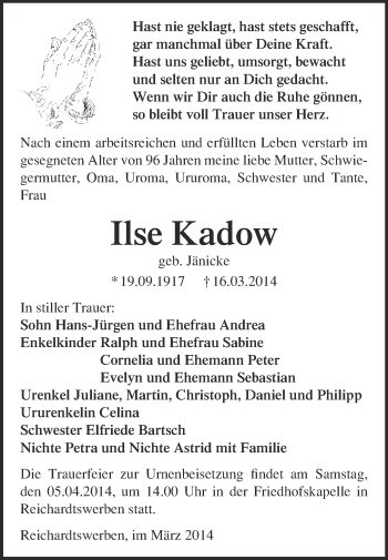 Traueranzeige von Ilse Kadow von WVG - Wochenspiegel NMB / WSF / ZTZ