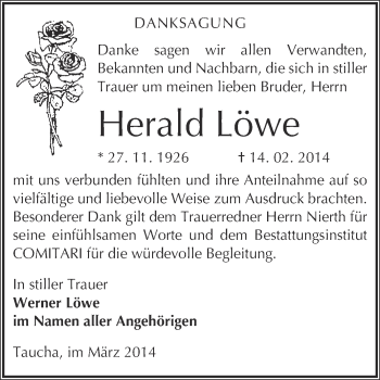 Traueranzeige von Herald Löwe von WVG - Wochenspiegel NMB / WSF / ZTZ