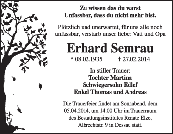 Traueranzeige von Erhard Semrau von Super Sonntag Dessau / Köthen