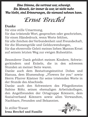 Traueranzeige von Ernst Brechel von Super Sonntag Bernburg