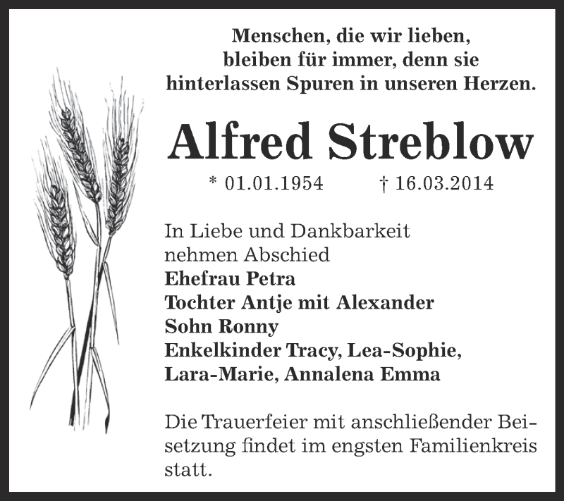  Traueranzeige für Alfred Streblow vom 23.03.2014 aus Super Sonntag Bernburg