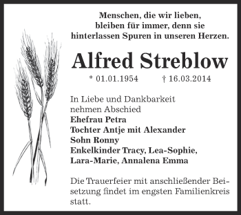 Traueranzeige von Alfred Streblow von Super Sonntag Bernburg