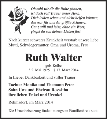 Traueranzeige von Ruth Walter von Super Sonntag Zeitz