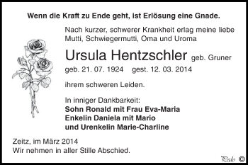 Traueranzeige von Ursula Hentzschler von Super Sonntag Zeitz