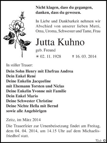 Traueranzeige von Jutta Kuhno von Super Sonntag Zeitz