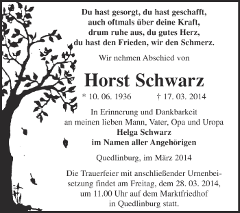 Traueranzeige von Horst Schwarz von WVG - Wochenspiegel Quedlinburg
